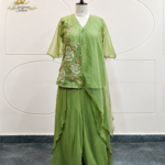 Olive Green Hand-Embroidered Sheer Tunic & Layered Sharara Set