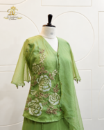 Olive Green Hand-Embroidered Sheer Tunic & Layered Sharara Set - Image 4