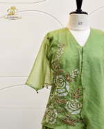 Olive Green Hand-Embroidered Sheer Tunic & Layered Sharara Set - Image 3