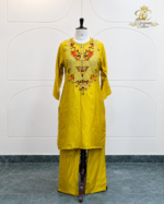 Mustard Yellow Folk-Embroidered Kurta Set with Coin Accents